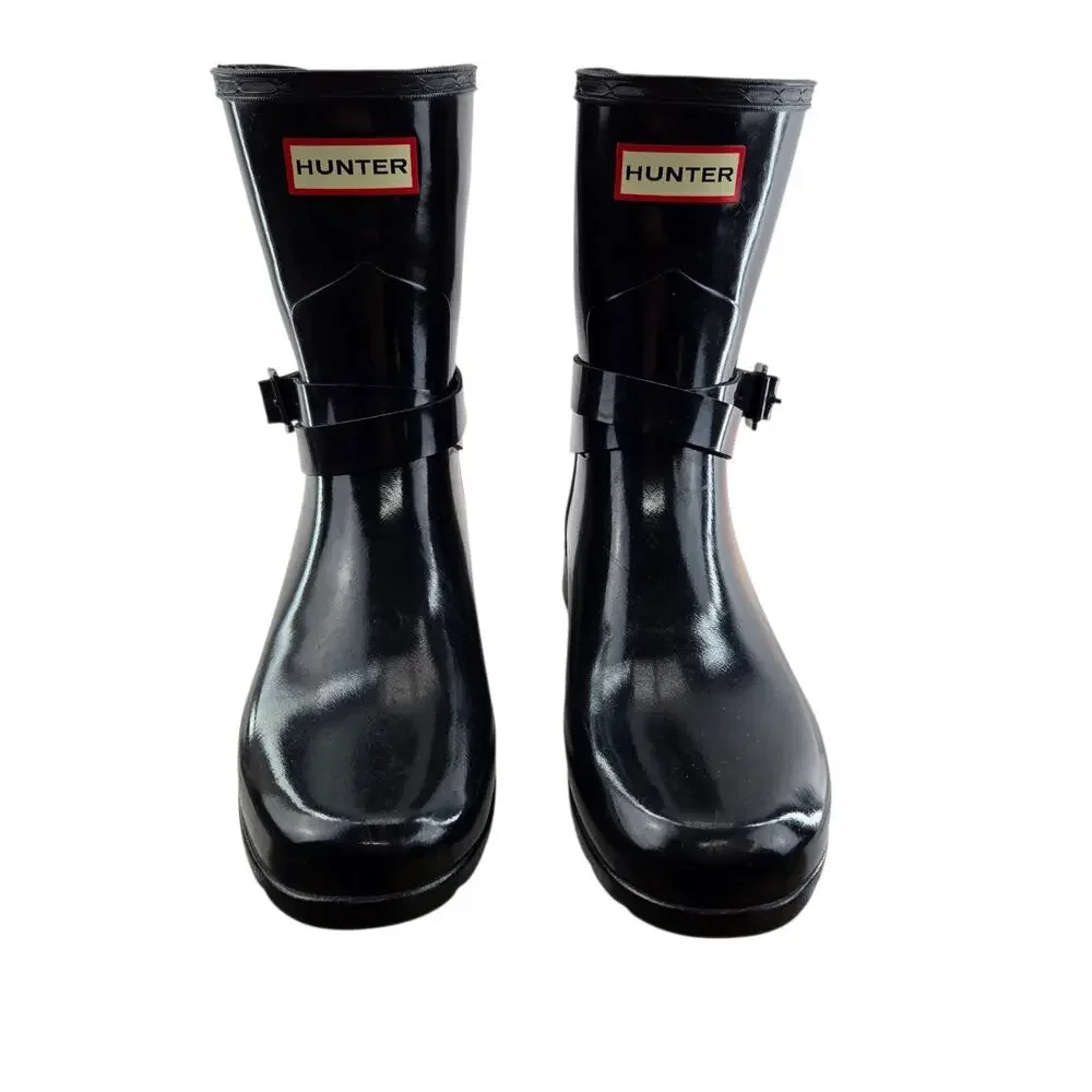 Hunter Rain Boots Women 7 Original Refined Short Gloss Black Mid Calf Adjustable